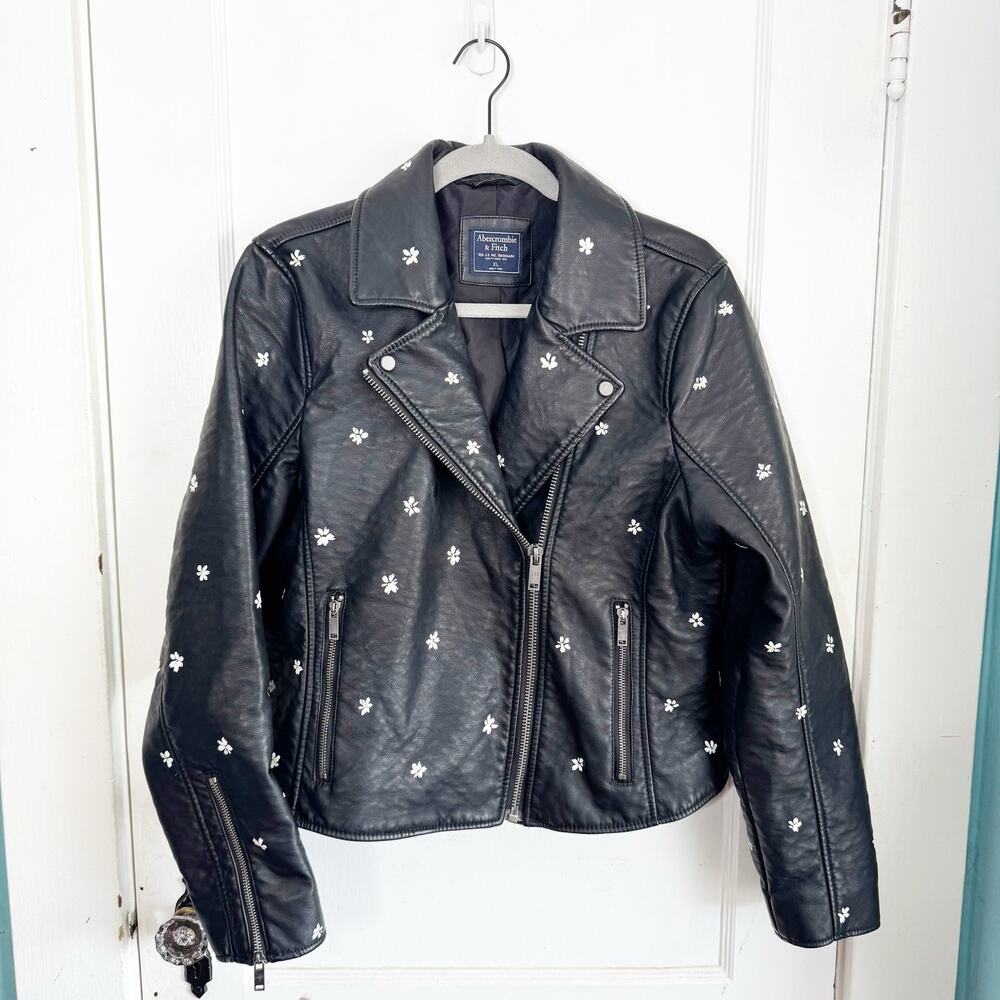 Abercrombie & Fitch Faux Leather Moto Jacket Daisy Painted Black Floral Size XL